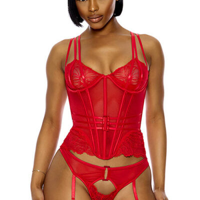 Forplay Glamazon 2 Piece Floral Lace Bustier Set with Garters & Panty