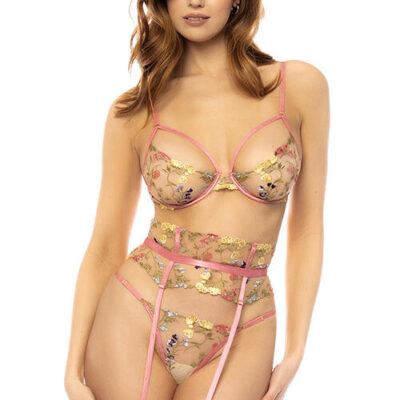 Mapale by Espiral Garden Blush 3 Piece Embroidered Lace Bra Set with Garter Belt & G-String