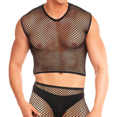 Pink Lipstick Muscle Flex 3 Piece Black Mesh Brief Set with Tank Top & Shorts