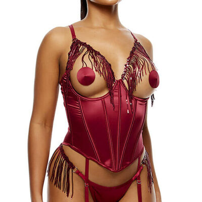 Forplay Peep Show 3 Piece Satin Bustier Set with Panty & Nipple Pasties