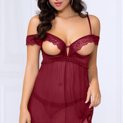 Seven Til Midnight Intimate Detail Open-Cup Wine Babydoll with Panty